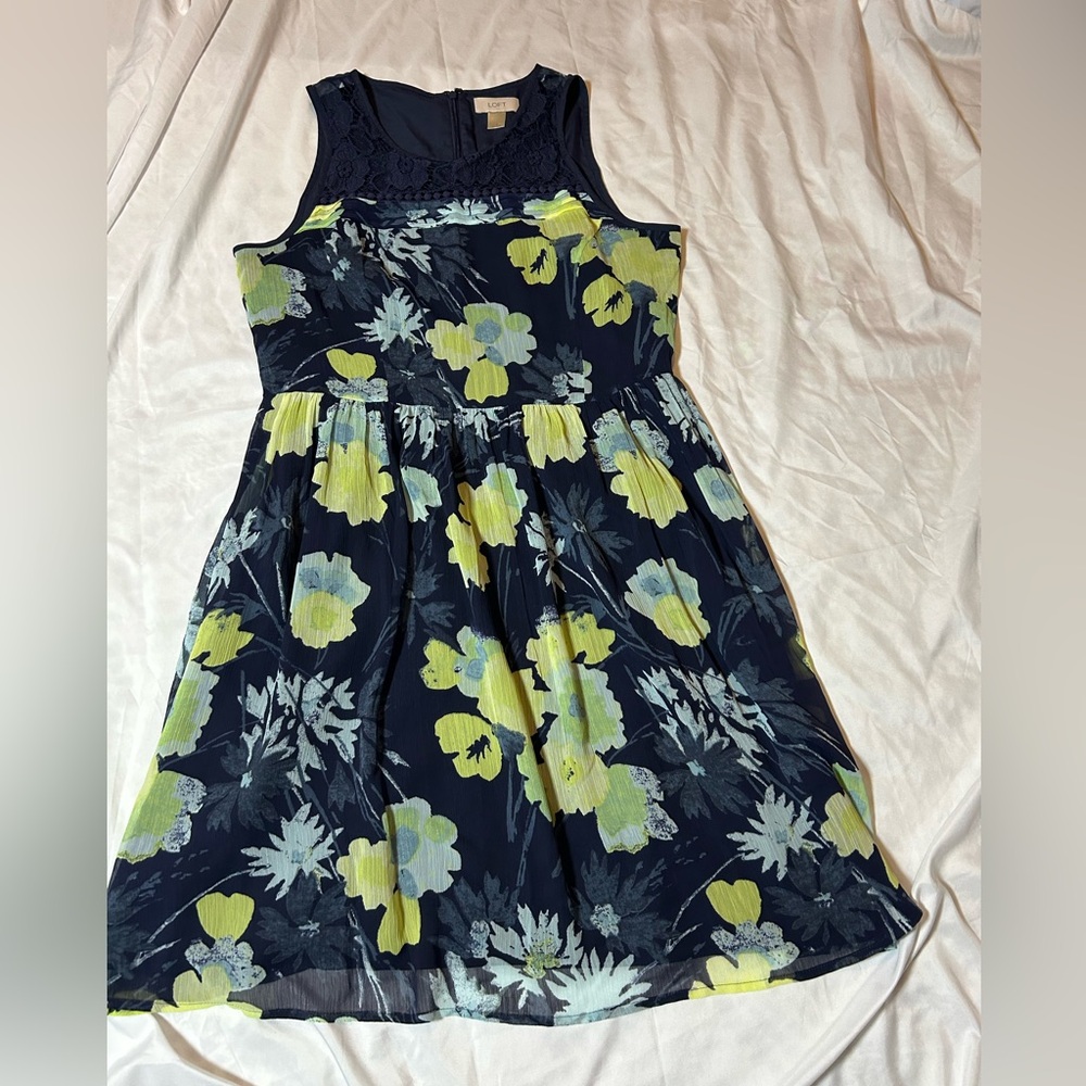 Ann Taylor Loft Blue Yellow - Green Floral Lace Fit and Flare Dress Size 6